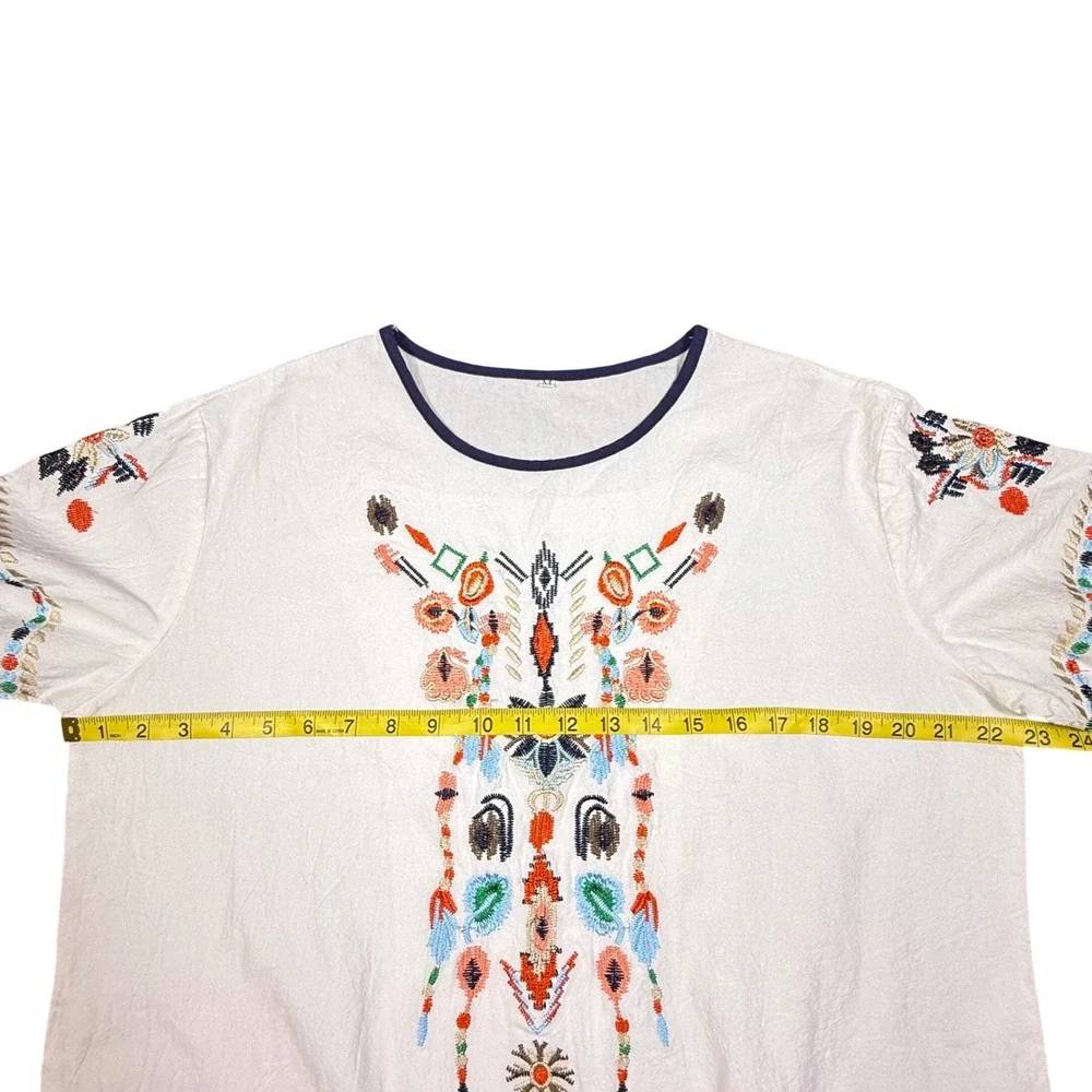 White Cotton Linen Embroidered Boho Short Sleeve Top Sz M lightweight Oversized - Picture 7 of 10
